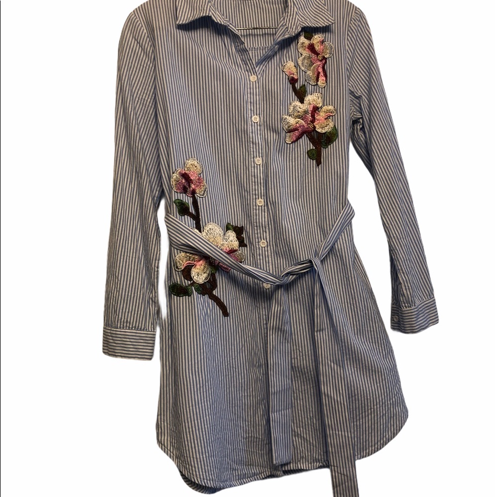 Floral Embroidery Belted Shirts Dress